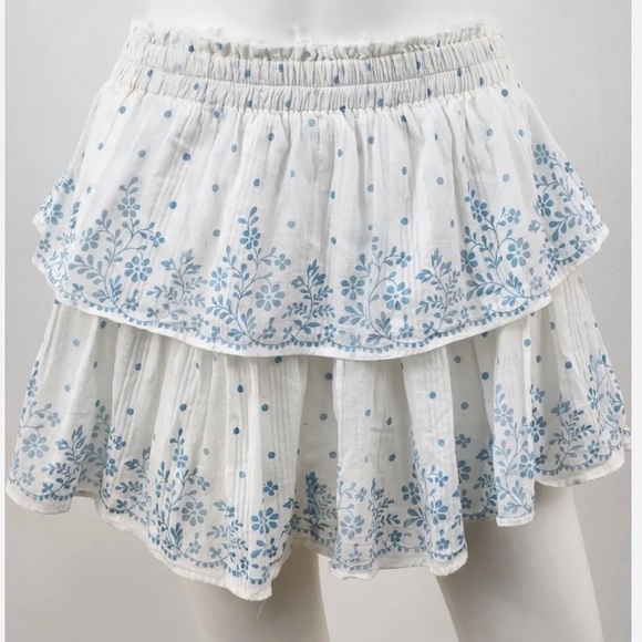LoveShackFancy Ruffle Mini Skirt Ivory Blue Floral Size Medium